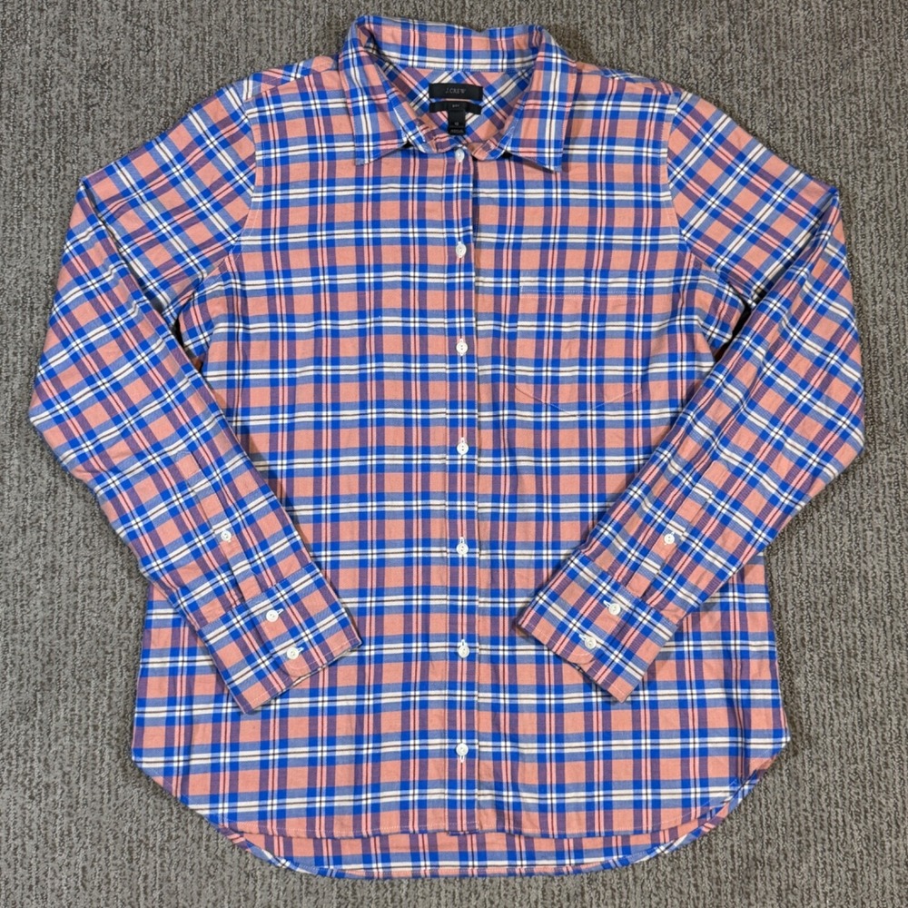 J Crew Womens 12 Button Up Shirt Boy Long Sleeve Cotton Twill Blue Orange Plaid